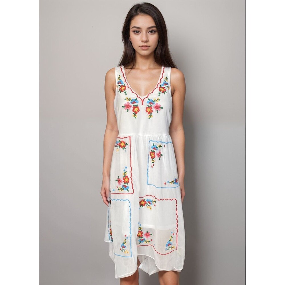 Savanna Jane White Midi Dress with Floral Embroidery